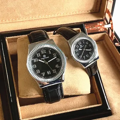 Men's Black Dial Couple Watch with Crystal Dial & Leather Strap