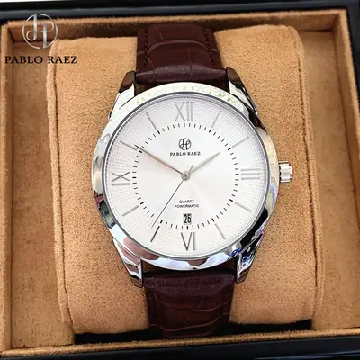Men's Quartz Watch with Black Leather Strap and Stainless Steel Case
