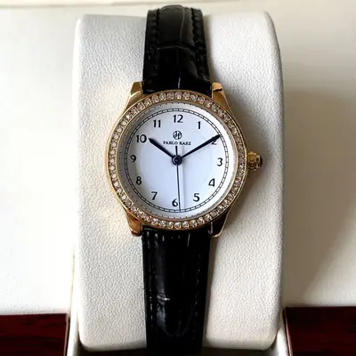 Ladies Gold Rhinestone Watch Black Leather Strap