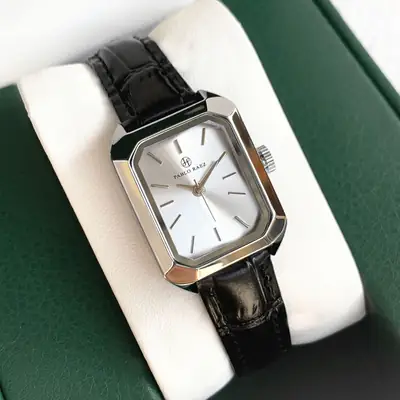 Women's Black Leather Strap Square Watch with Silver Dial