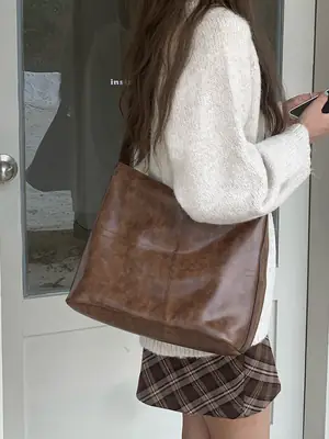 Korean Style Coffee Brown Tote Bag for Women