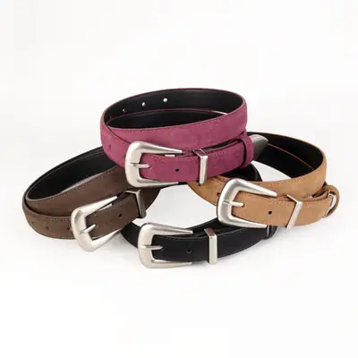 Black Cow Velvet Belt with Silver Buckle for Women