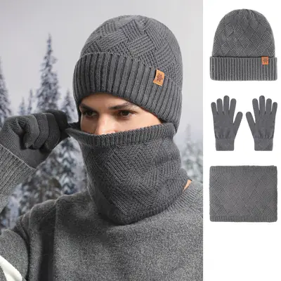Winter Men's Black Knitted Beanie Scarf Gloves Set