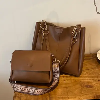 Two-Piece Black Leather Shoulder Tote & Crossbody Bag Set