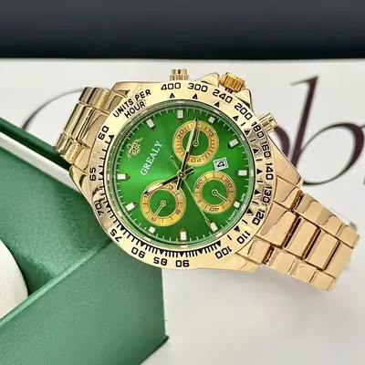 Grealy Men's Three-Eye Chronograph Watch Gold Black Dial