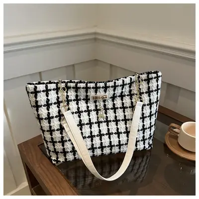 Korean Style Plaid Women's Shoulder Tote Bag Black White