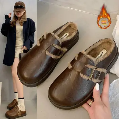 Vintage Brown Fleece Slip-on Mao Mao Slippers for Women