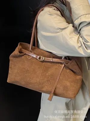 Women Suede Satchel Tote Bag Brown Large Capacity
