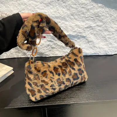 Leopard Print Plush Shoulder Bag Women 2024