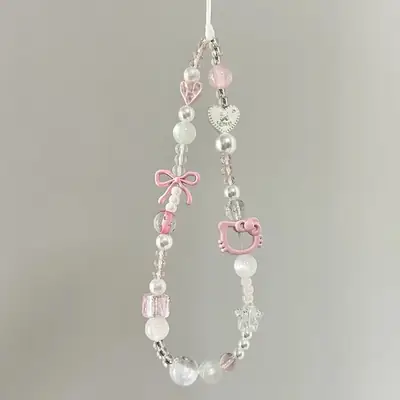 Pink Cartoon Cat Beaded Chain Lanyard for Girls