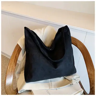 Black Fleece Tote Bag Large Capacity Work Commuter Shoulder Bag