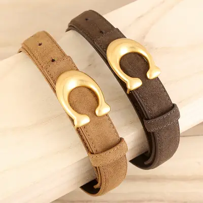 Women's Leather Belt with Gold Horseshoe Buckle Brown Black