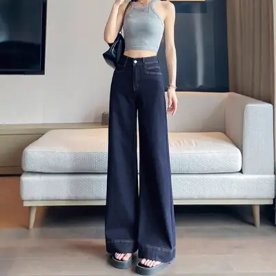 Dark Blue Wide Leg Jeans 2025 Winter Slim Fit