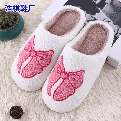 Autumn and Winter Pink Bow Cotton Slippers Household Mao Mao Slippers Women's Couple Warm Slippers Thickened Slippers