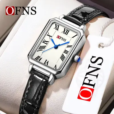 O'FNS Women's French Style Square Quartz Watch Brown Leather Band