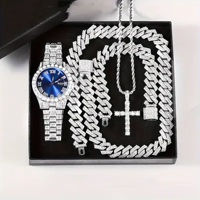 TEMU Explosive Diamond-encrusted Luxury Steel Band Quartz Watch Diamond-encrusted Hip-hop Cuban Bracelet with suit Watch