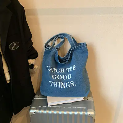 Denim One-shoulder Bag with "Catch the Good Things" Print