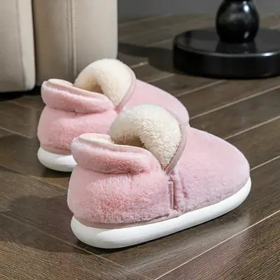 Women Winter Red Cotton Slippers with Thick Soles
