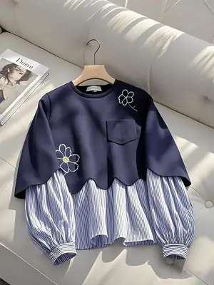 Women Xizang Blue Fake Two-Piece Sweater Set