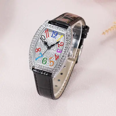 Ladies Full Diamond Watch with Colorful Dial & Black Belt