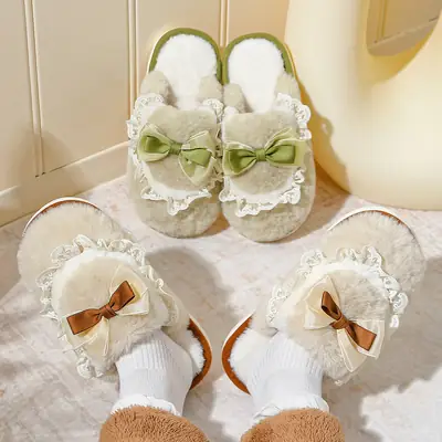 2024 New Cute Pink Bow Warm Cotton Slippers Women Winter
