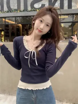 One-Piece Drop-Shipping Autumn Faux Two-Piece Chic Inner Layering Shirt for Women 2026 New Slim-Fit Long-Sleeve T-Shirt Top for Women