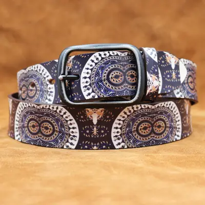 Vintage Owl Eyes Belt with Graffiti Print Blue Brown