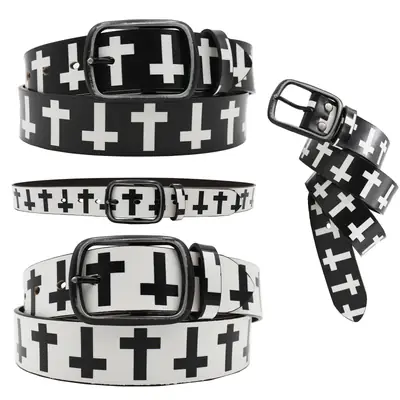 Vintage Black Cross Print Belt for Men
