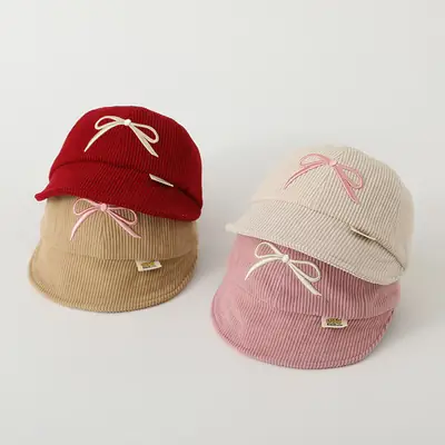 Pink Embroidered Bow Baby Cap for Girls