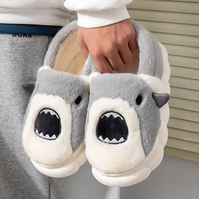 Cute Cartoon Shark Slippers Women Winter Warm Fleece Bottom