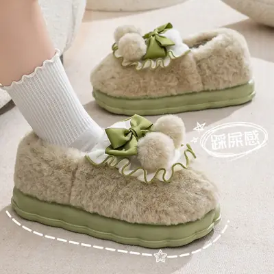 Bow Cotton Slippers Ladies Winter 2024 Non-Slip Fleece
