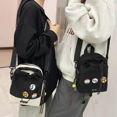 Women's Grey Drawstring Water Cup Backpack with Patches