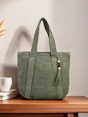 Green Woven Bucket Bag for Women Beach Travel