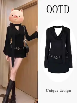 Pure Lust Black Long Sleeve Dress Belt Slim Fit Women Spring Fall