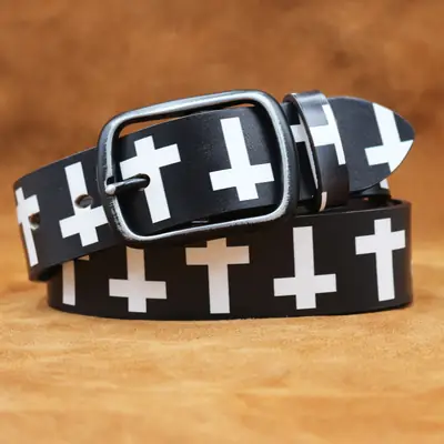 Black Cross Print Genuine Cowhide Belt