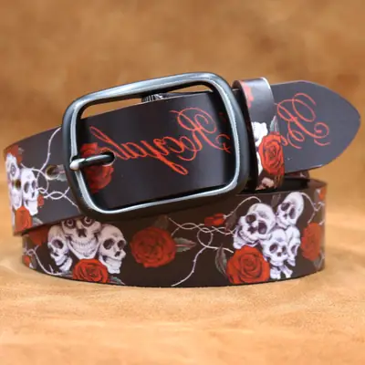 Vintage Skull Rose Printed Belt for Men