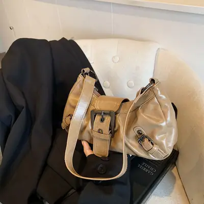 Green Women's Shoulder Bag with Belt Buckle