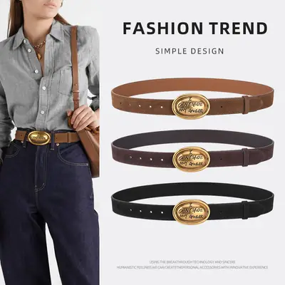 Trendy Women's Frosted Leather Belt with Gold Buckle