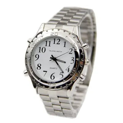 Stainless Steel Analog Watch with Voice Alarm & Leather Strap