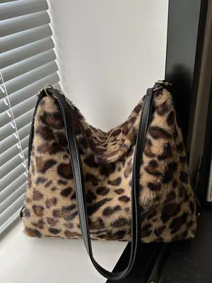 Leopard Print Plush Shoulder Bag Women Large Capacity