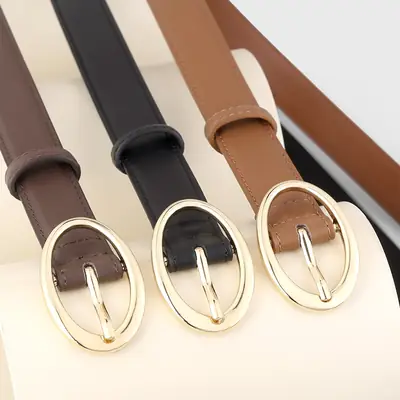 Oval Buckle Leather Belt for Women in Brown Black Brown