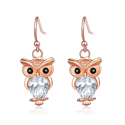 Rose Gold Owl Earrings for Women with Zircon