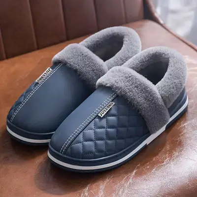 2024 New Winter Cotton Shoes with PU Waterproof Non-slip Outer Wear Thick-soled Indoor Household Warm Cotton Slippers for Men