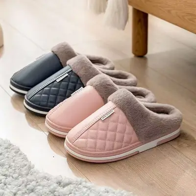 PU waterproof cotton slippers men's winter home indoor non-slip warm cotton shoes for the elderly plus size cotton slippers for women