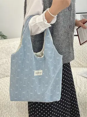 Light Blue Printed Denim Bow Vest Bag Large Capacity