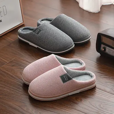 Women Cotton Warm Slippers Pink Grey Winter Indoor Non-Slip