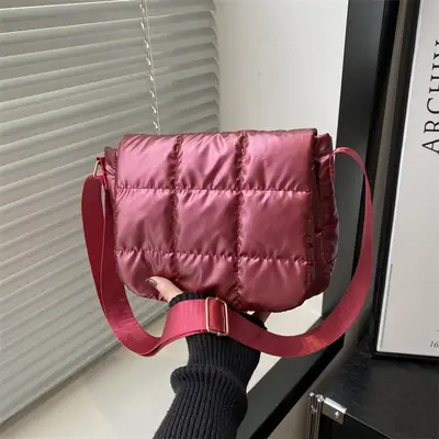 Winter Puffer Shoulder Bag Pink Red Checkered Embroidery