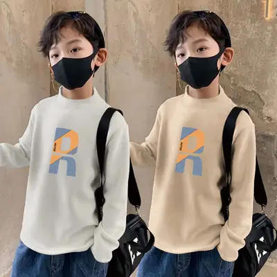 Kids Fleece Printed Shirt Grey Semi-High Collar Autumn Winter