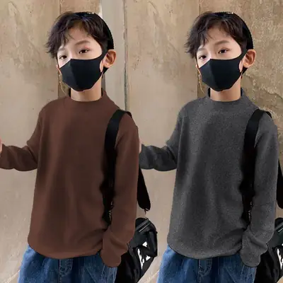 Children Velvet T-Shirt Brown Cream Half High Collar Winter Warm