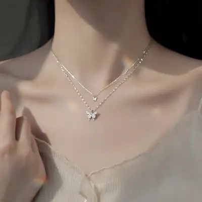 Double Layer Butterfly Necklace Women's Light Luxury Collarbone Chain